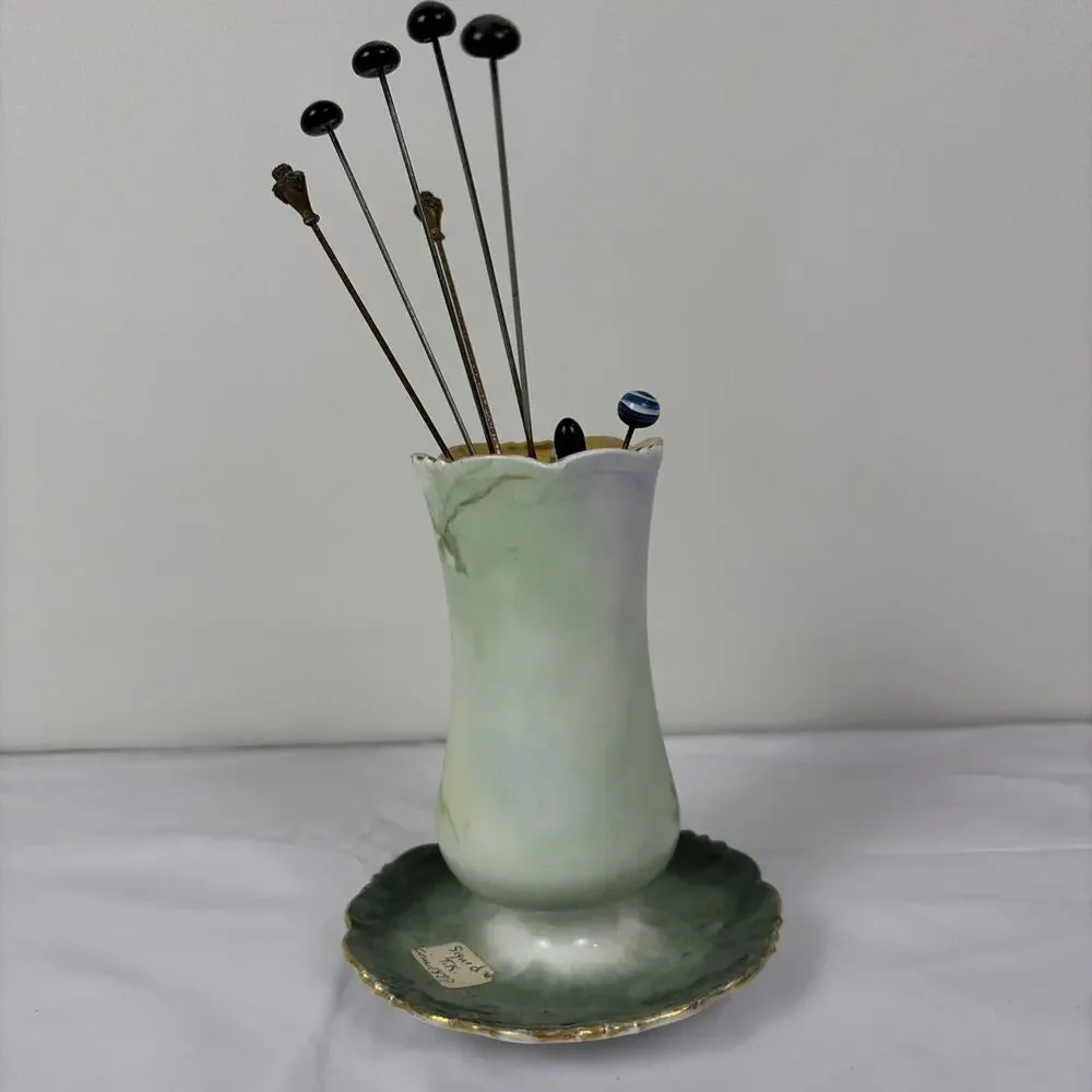 Antique Victorian Hat Pin Holder with Pins Signed TK Circa 1897 Hand Painted